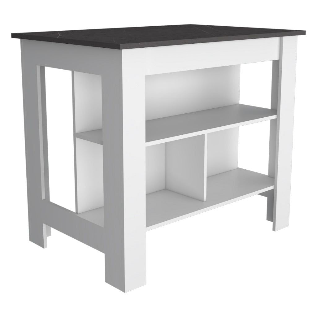 Kitchen Island, kitchen table 35" H, Four Legs, Three Open Storage Shelves, White / Onix image 6
