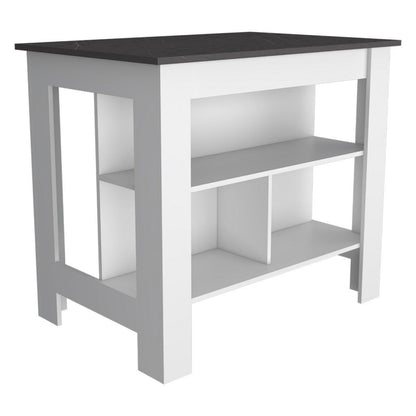 Kitchen Island, kitchen table 35" H, Four Legs, Three Open Storage Shelves, White / Onix image 6