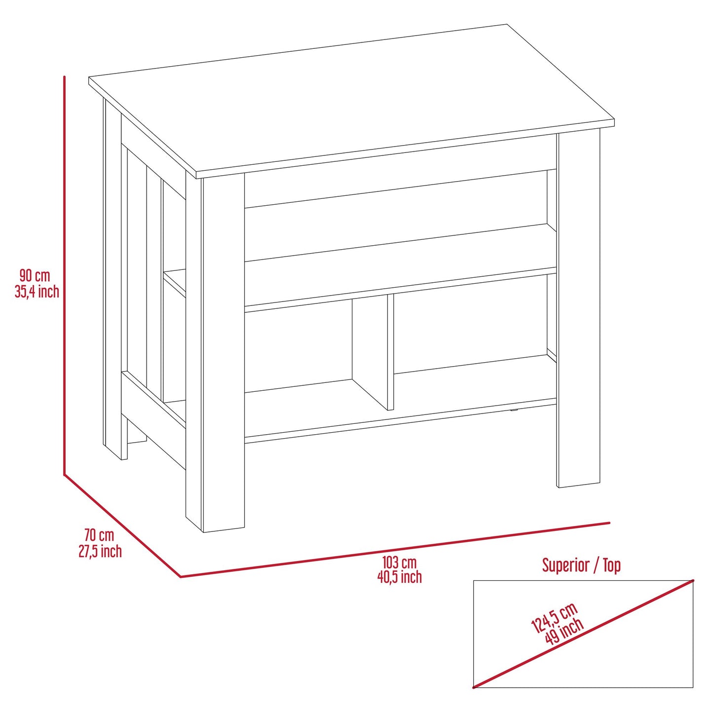 Kitchen Island, kitchen table 35" H, Four Legs, Three Open Storage Shelves, White / Onix image 5