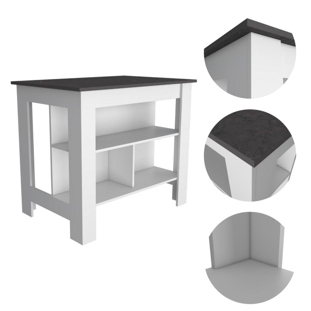 Kitchen Island, kitchen table 35" H, Four Legs, Three Open Storage Shelves, White / Onix image 3