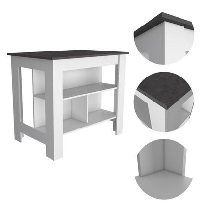 Kitchen Island, kitchen table 35" H, Four Legs, Three Open Storage Shelves, White / Onix image 3