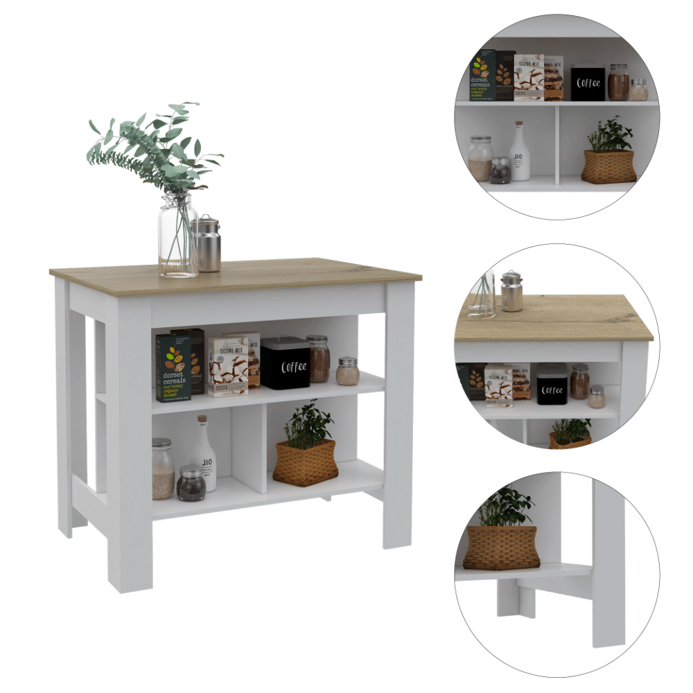 Kitchen Island, Kitchen Table 35" H, Three Open Storage Shelves, Four Legs, White/Light Oak image 3