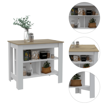 Kitchen Island, Kitchen Table 35" H, Three Open Storage Shelves, Four Legs, White/Light Oak image 3