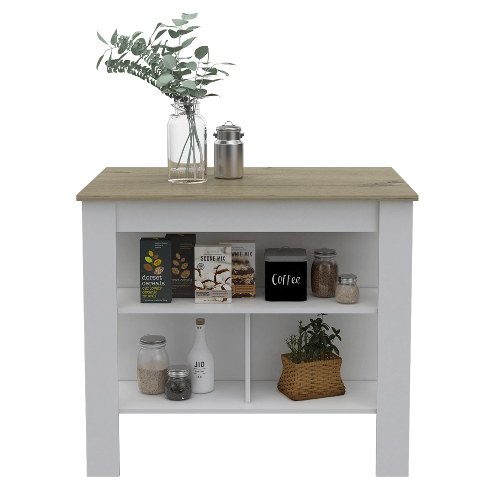 Kitchen Island, Kitchen Table 35" H, Three Open Storage Shelves, Four Legs, White/Light Oak image 1
