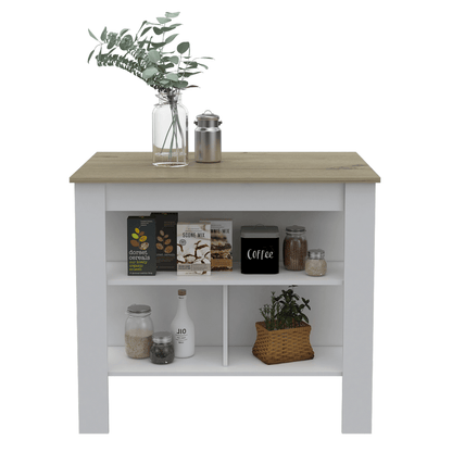 Kitchen Island, Kitchen Table 35" H, Three Open Storage Shelves, Four Legs, White/Light Oak image 1