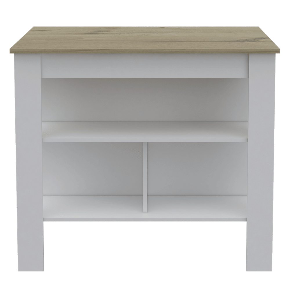 Kitchen Island, Kitchen Table 35" H, Three Open Storage Shelves, Four Legs, White/Light Oak image 4