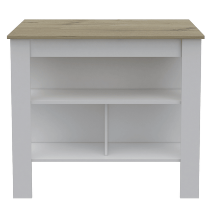 Kitchen Island, Kitchen Table 35" H, Three Open Storage Shelves, Four Legs, White/Light Oak image 4