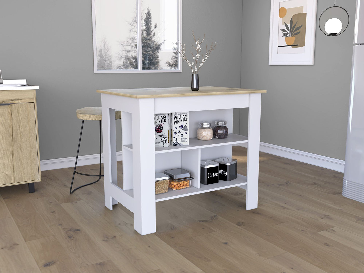 Kitchen Island, Kitchen Table 35" H, Three Open Storage Shelves, Four Legs, White/Light Oak image 2