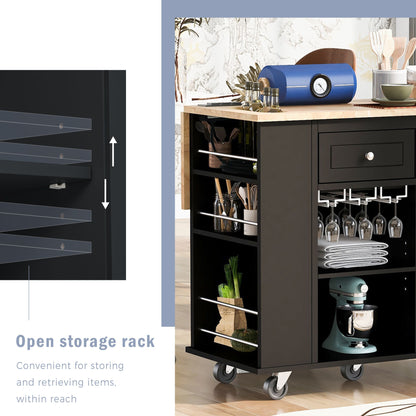 Black kitchen island cart with power outlet and drop leaf - full product view