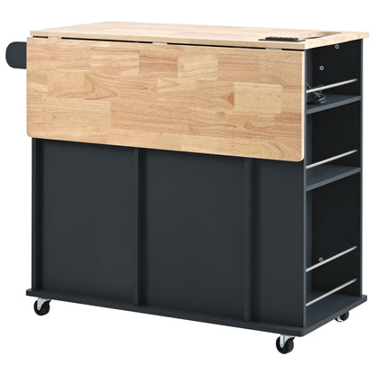 Kitchen Island with Power Outlet,Kitchen Storage Island with Drop Leaf and Rubber Wood,Open Storage and Wine Rack,5 Whee image 19
