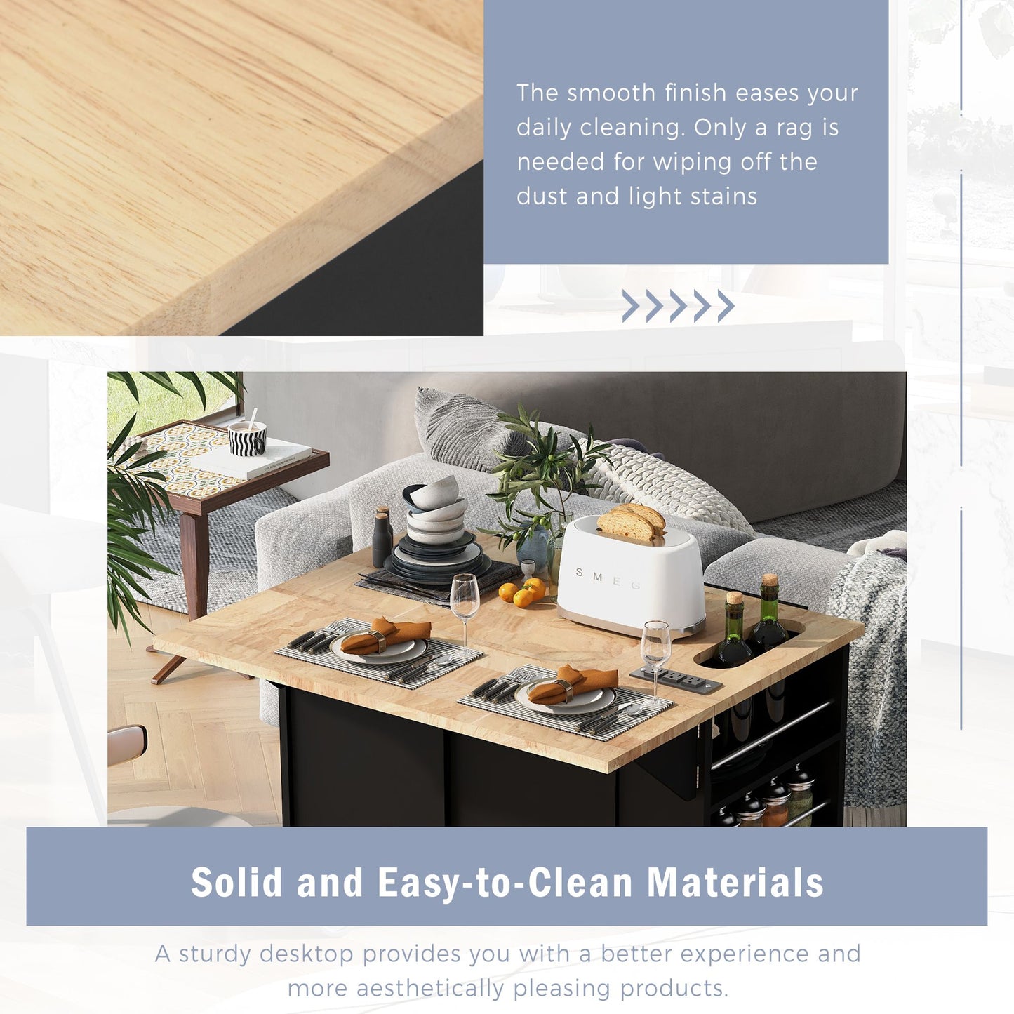 Rubber wood kitchen island with 5 wheels - angled view