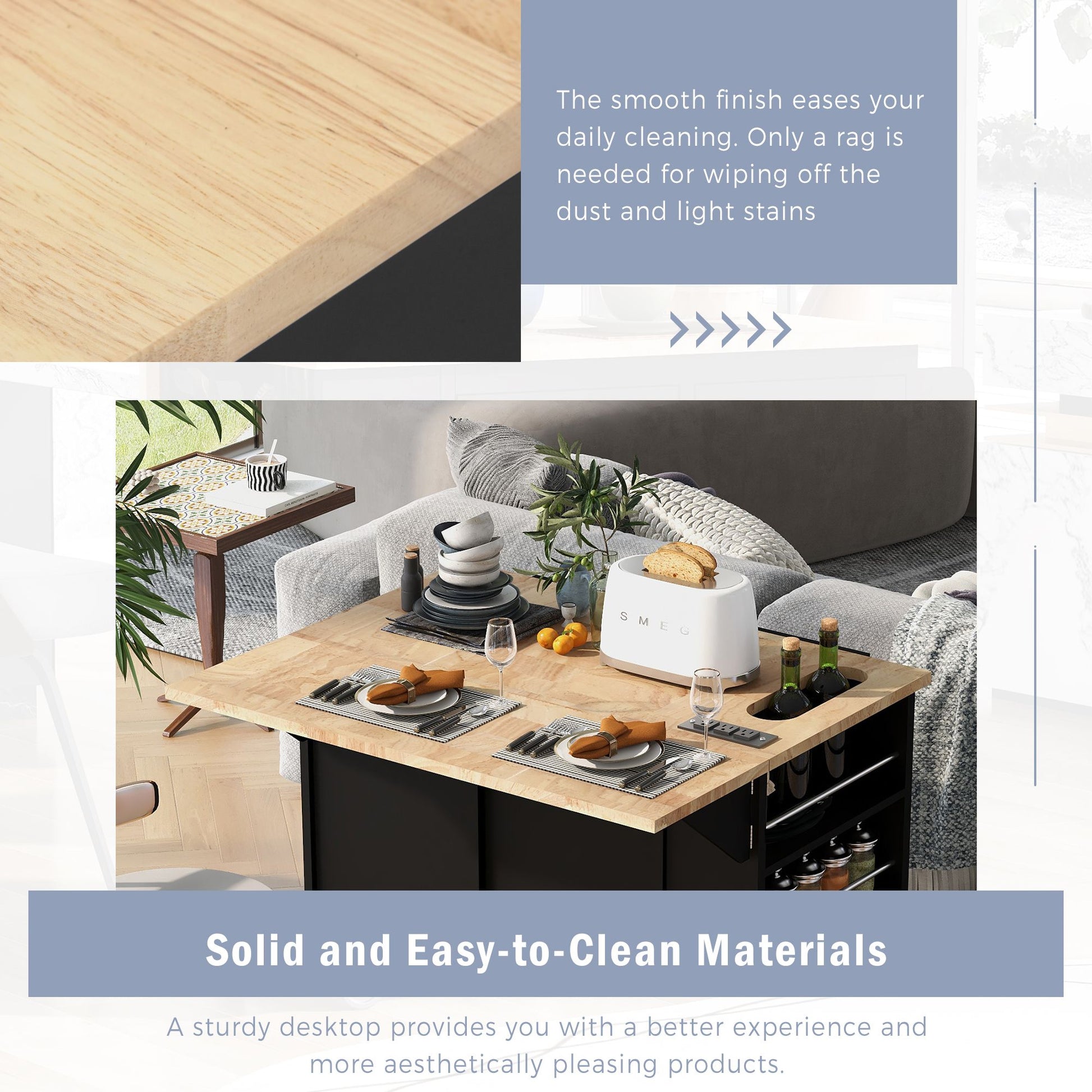 Rubber wood kitchen island with 5 wheels - angled view