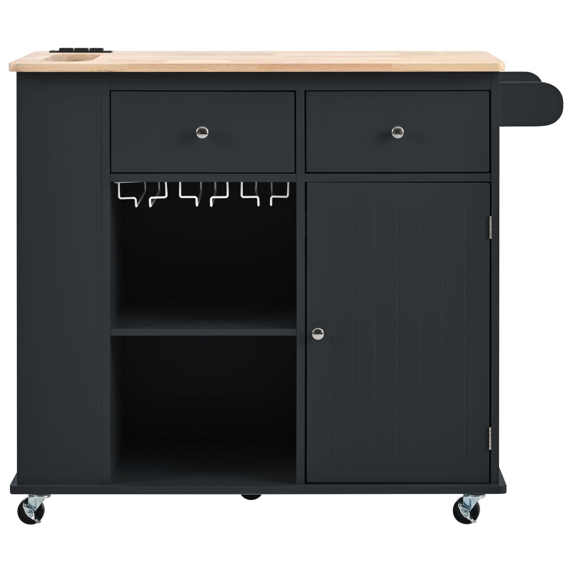 Kitchen Island with Power Outlet,Kitchen Storage Island with Drop Leaf and Rubber Wood,Open Storage and Wine Rack,5 Whee image 14