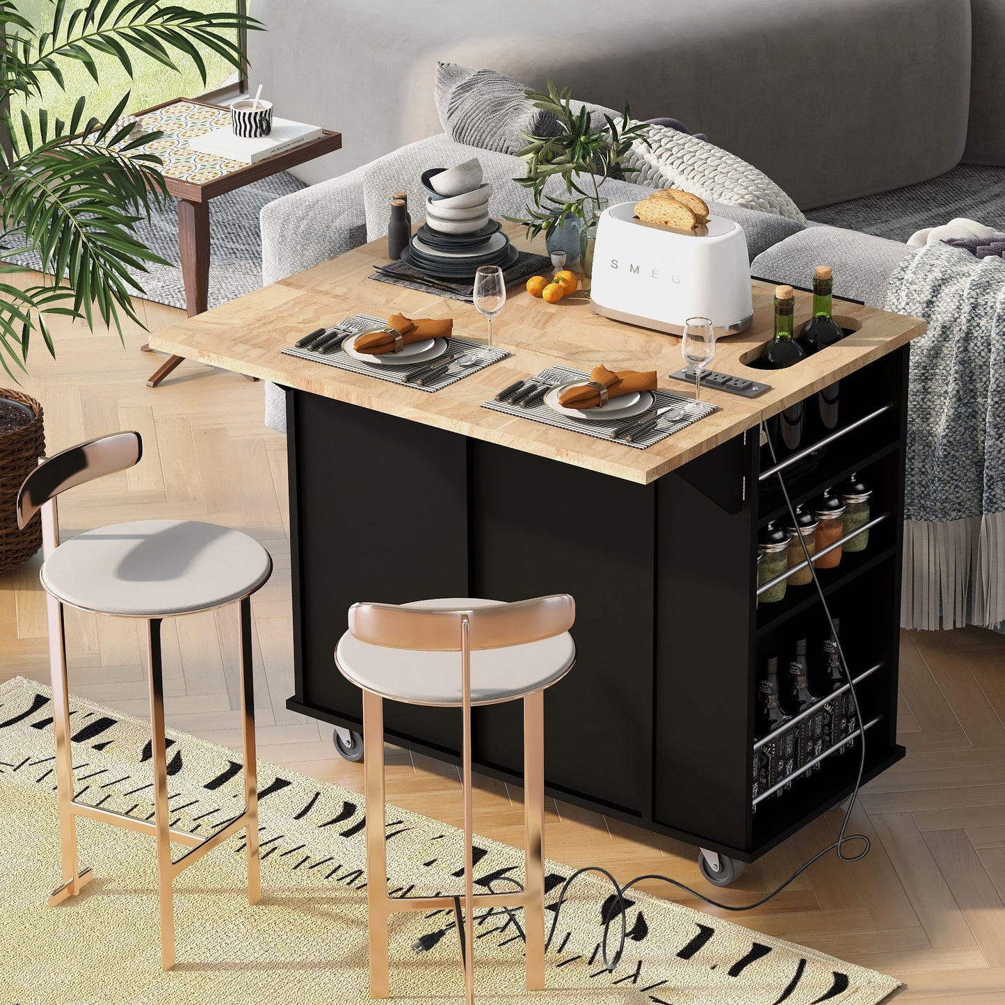 Kitchen island with drop leaf folded up - space saving mode