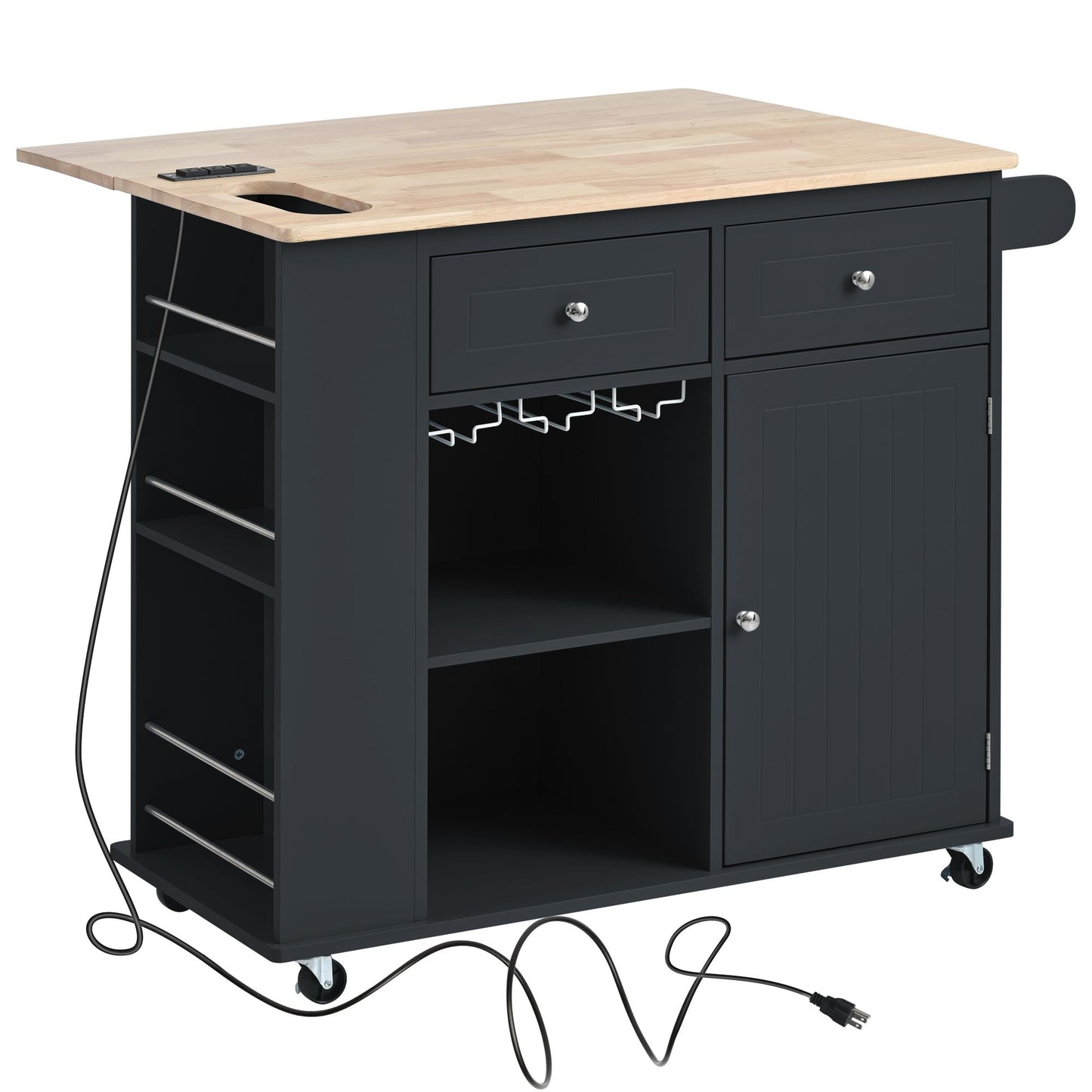 Kitchen Island with Power Outlet,Kitchen Storage Island with Drop Leaf and Rubber Wood,Open Storage and Wine Rack,5 Whee image 16