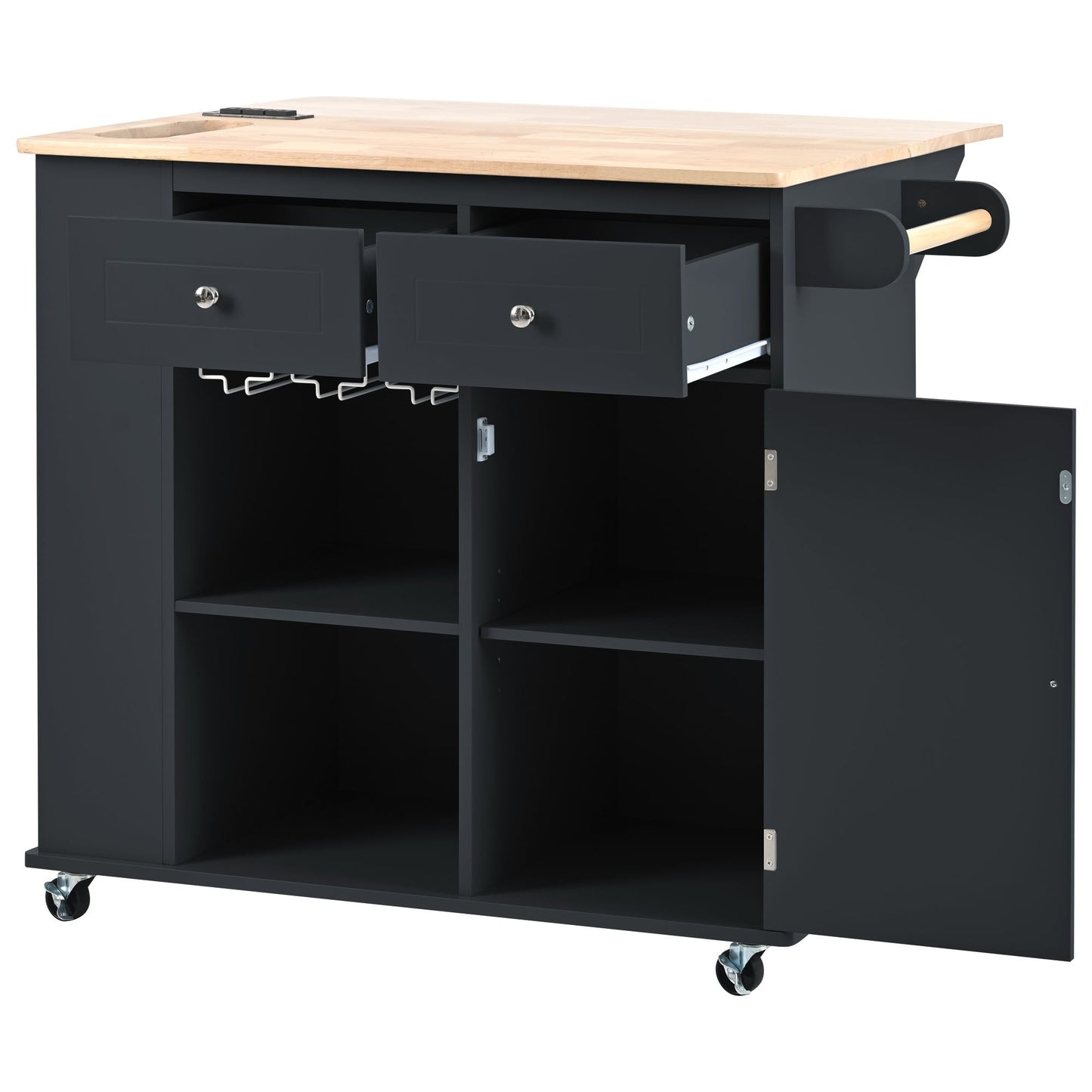 Kitchen Island with Power Outlet,Kitchen Storage Island with Drop Leaf and Rubber Wood,Open Storage and Wine Rack,5 Whee image 17