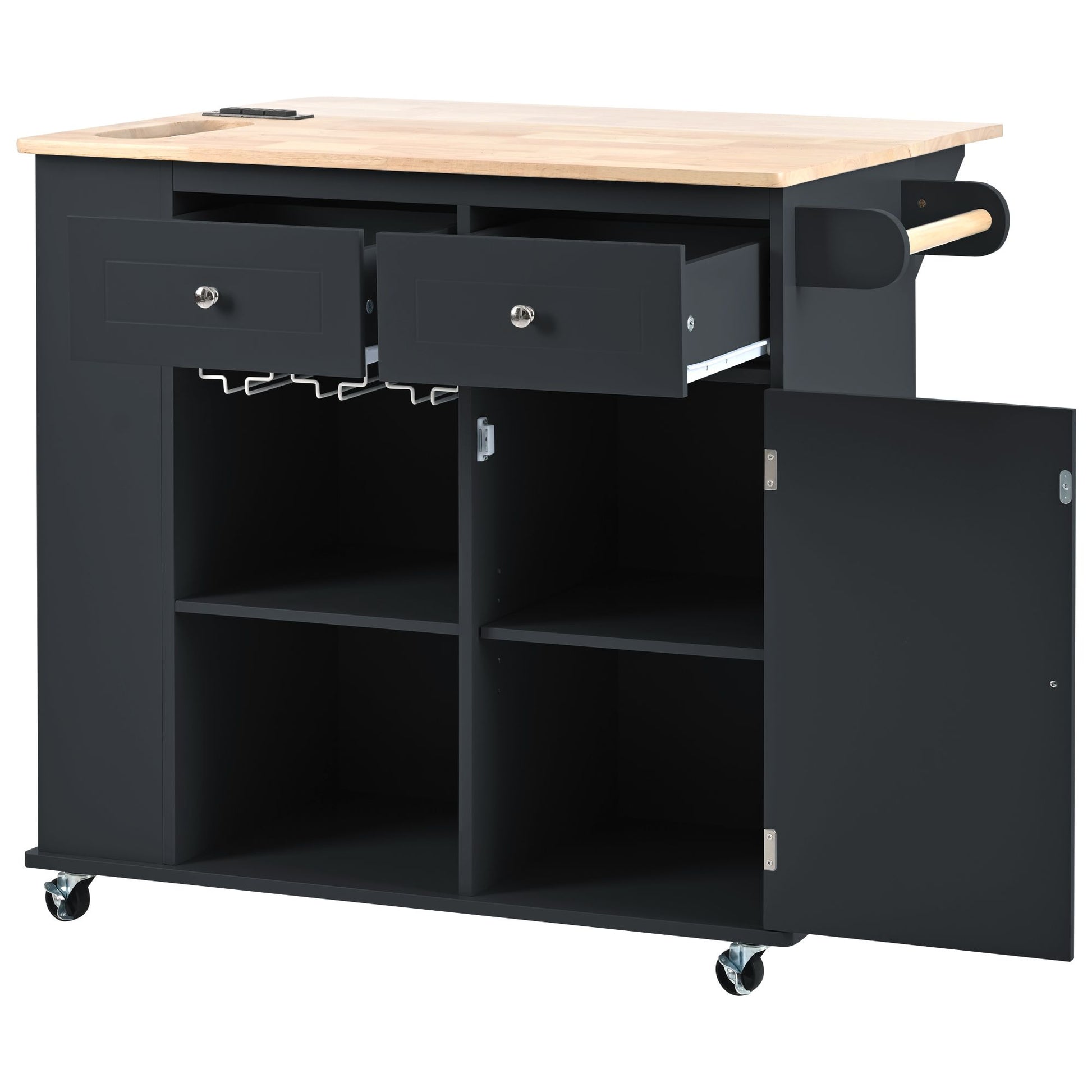 Kitchen Island with Power Outlet,Kitchen Storage Island with Drop Leaf and Rubber Wood,Open Storage and Wine Rack,5 Whee image 17