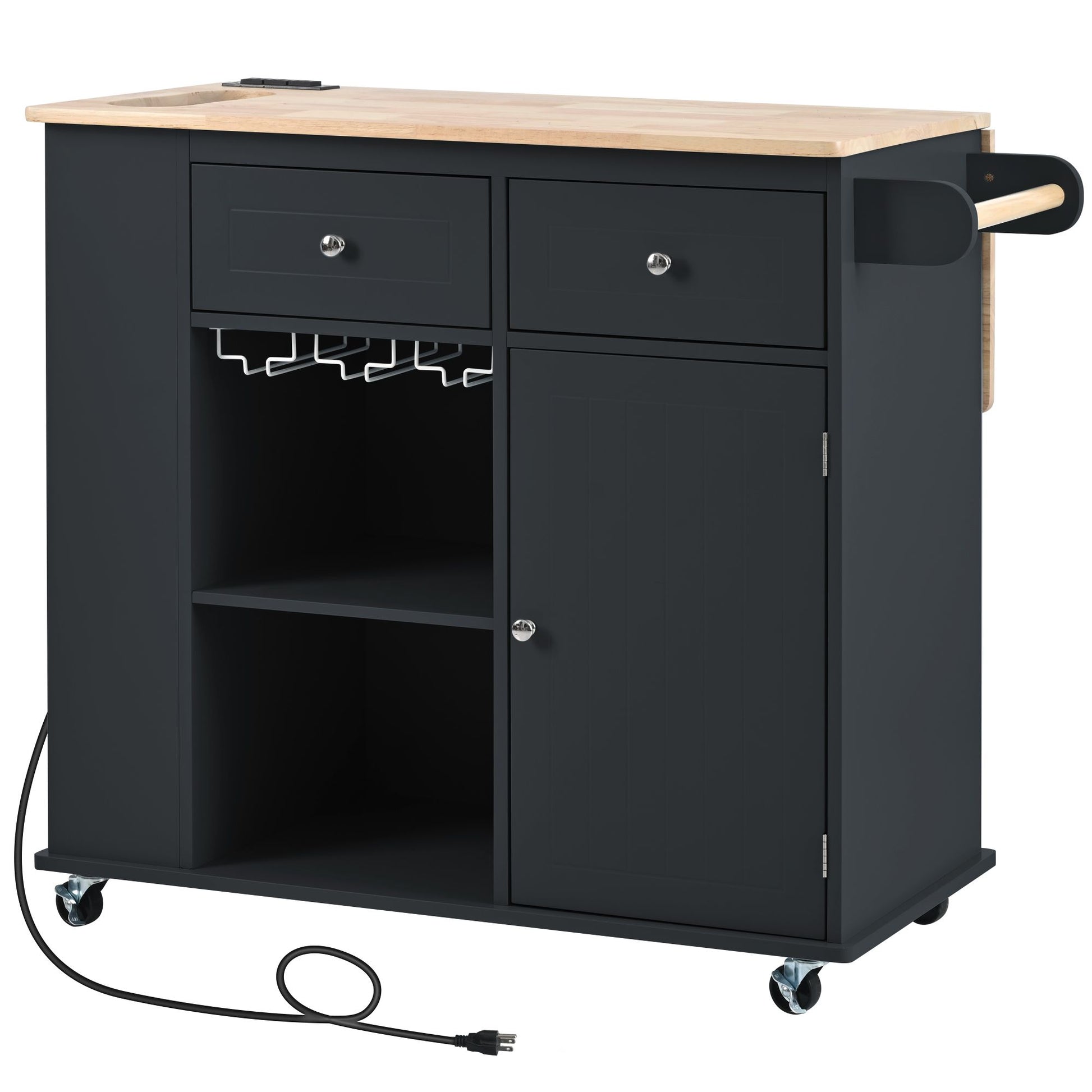 Kitchen Island with Power Outlet,Kitchen Storage Island with Drop Leaf and Rubber Wood,Open Storage and Wine Rack,5 Whee image 15