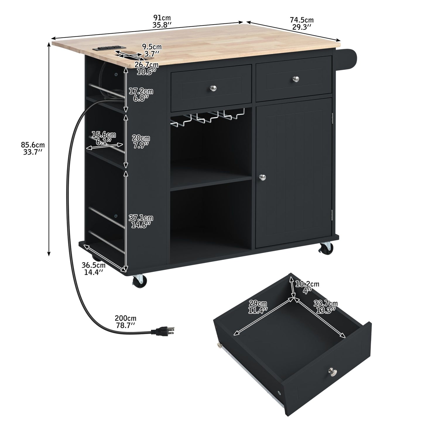 Kitchen storage island with drop leaf and wine rack - assembled product