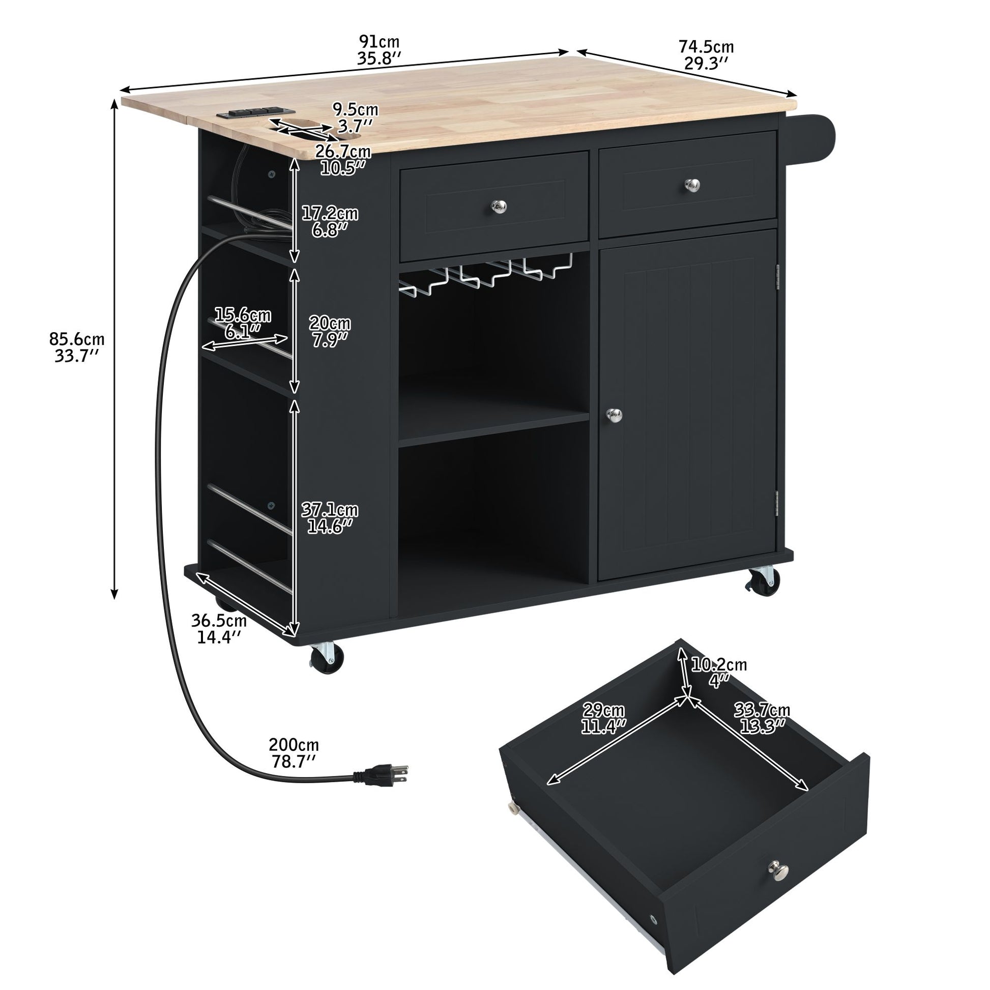 Kitchen storage island with drop leaf and wine rack - assembled product