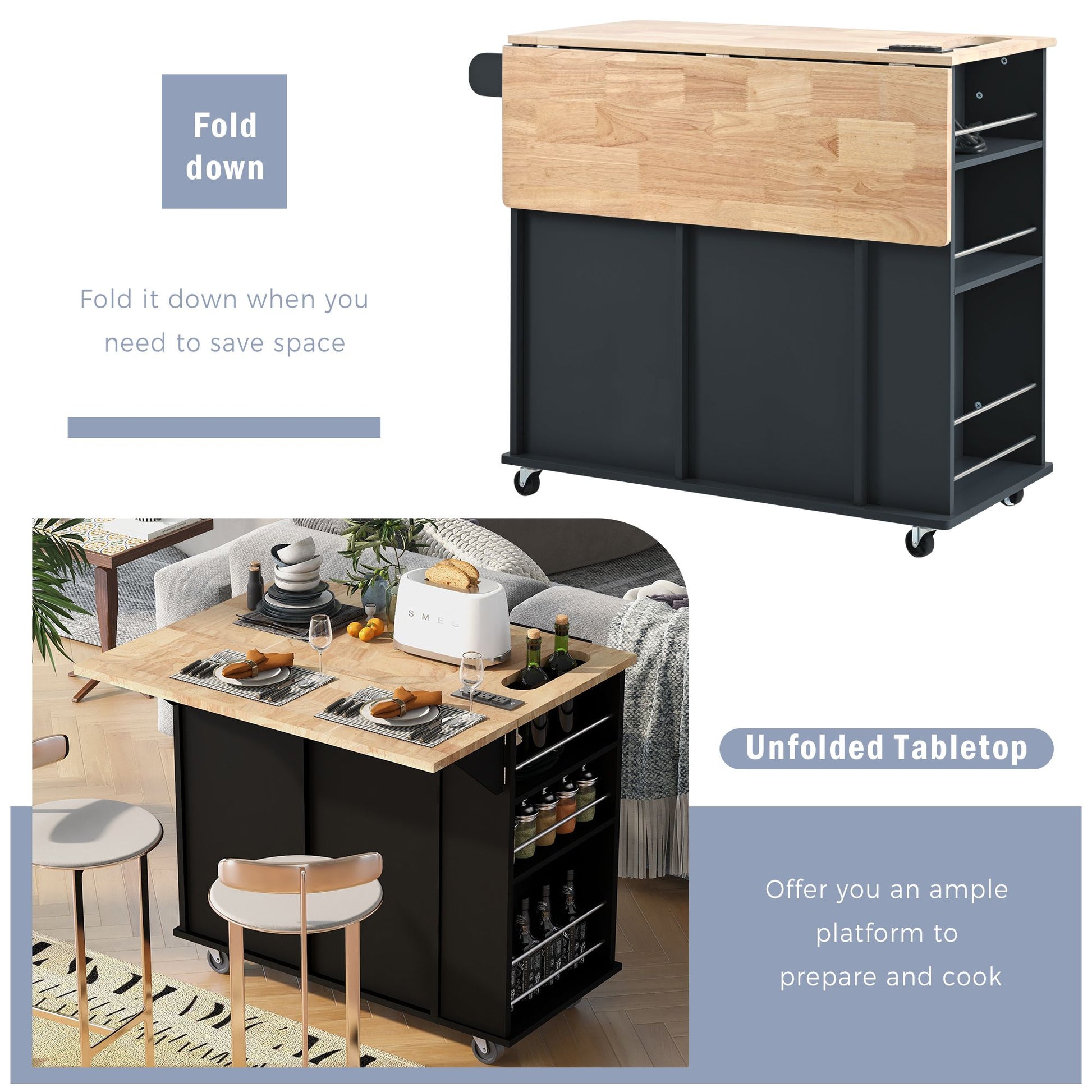 Kitchen island with adjustable shelves and wine rack - interior storage view