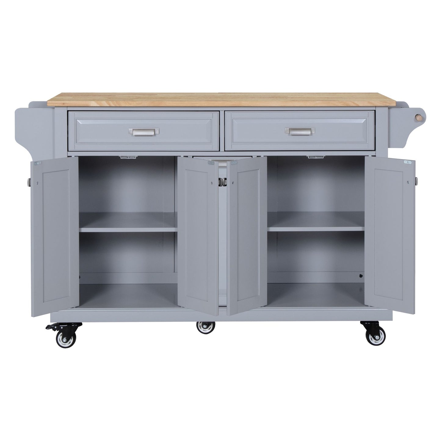 Kitchen Island with Rubber wood Countertop, Kitchen Cart on 5 Wheels with Storage Cabinet and 2 Top Drawers and A center image 4
