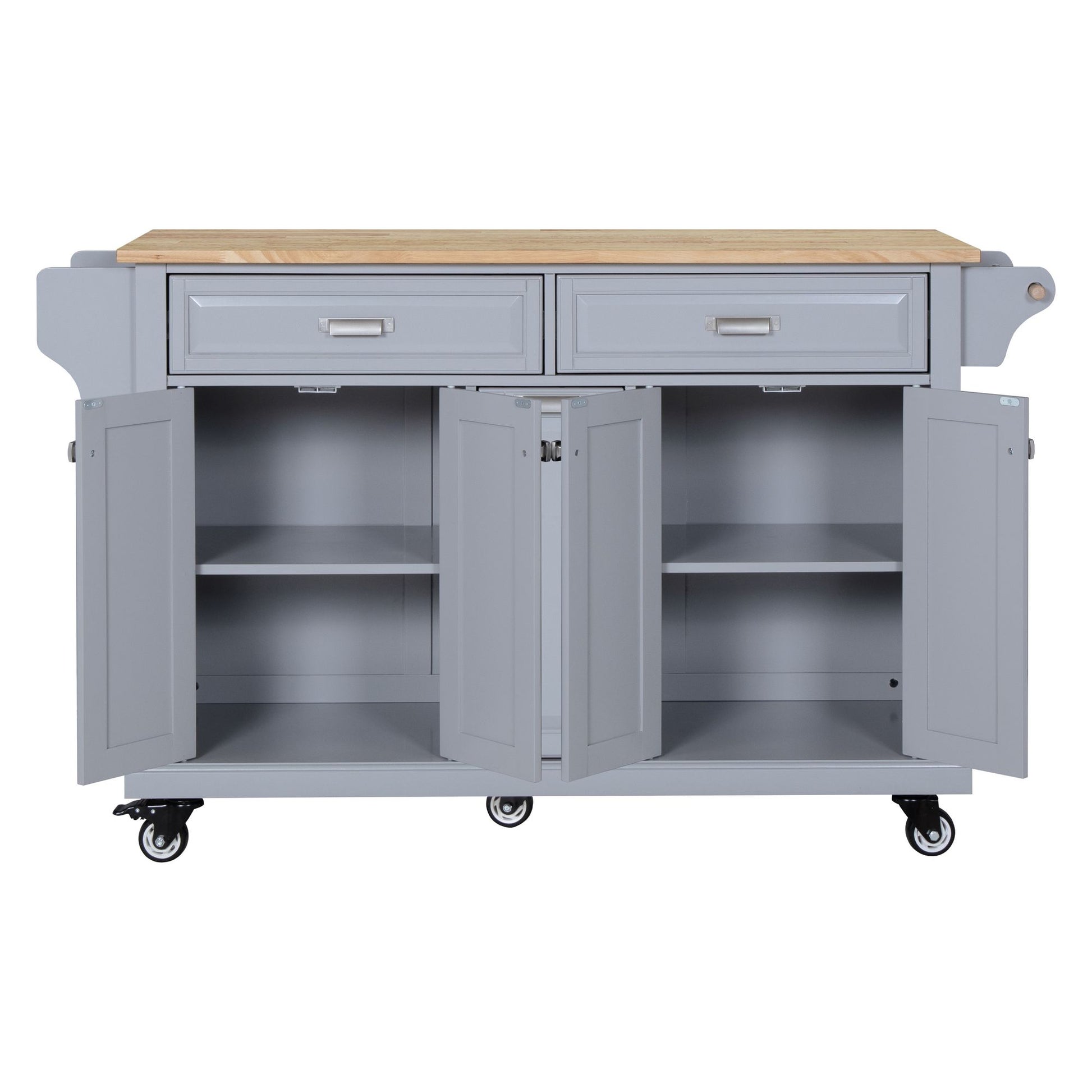 Kitchen Island with Rubber wood Countertop, Kitchen Cart on 5 Wheels with Storage Cabinet and 2 Top Drawers and A center image 4