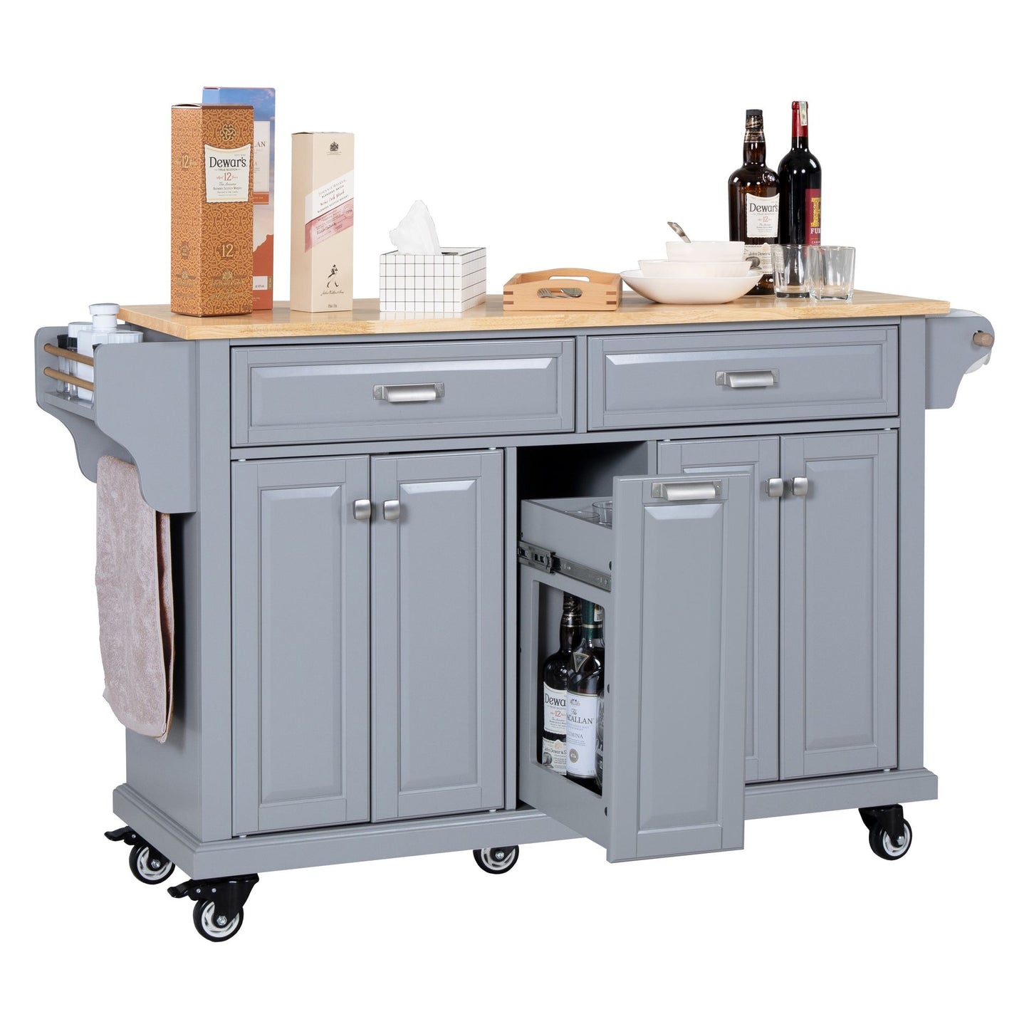 Kitchen Island with Rubber wood Countertop, Kitchen Cart on 5 Wheels with Storage Cabinet and 2 Top Drawers and A center image 14