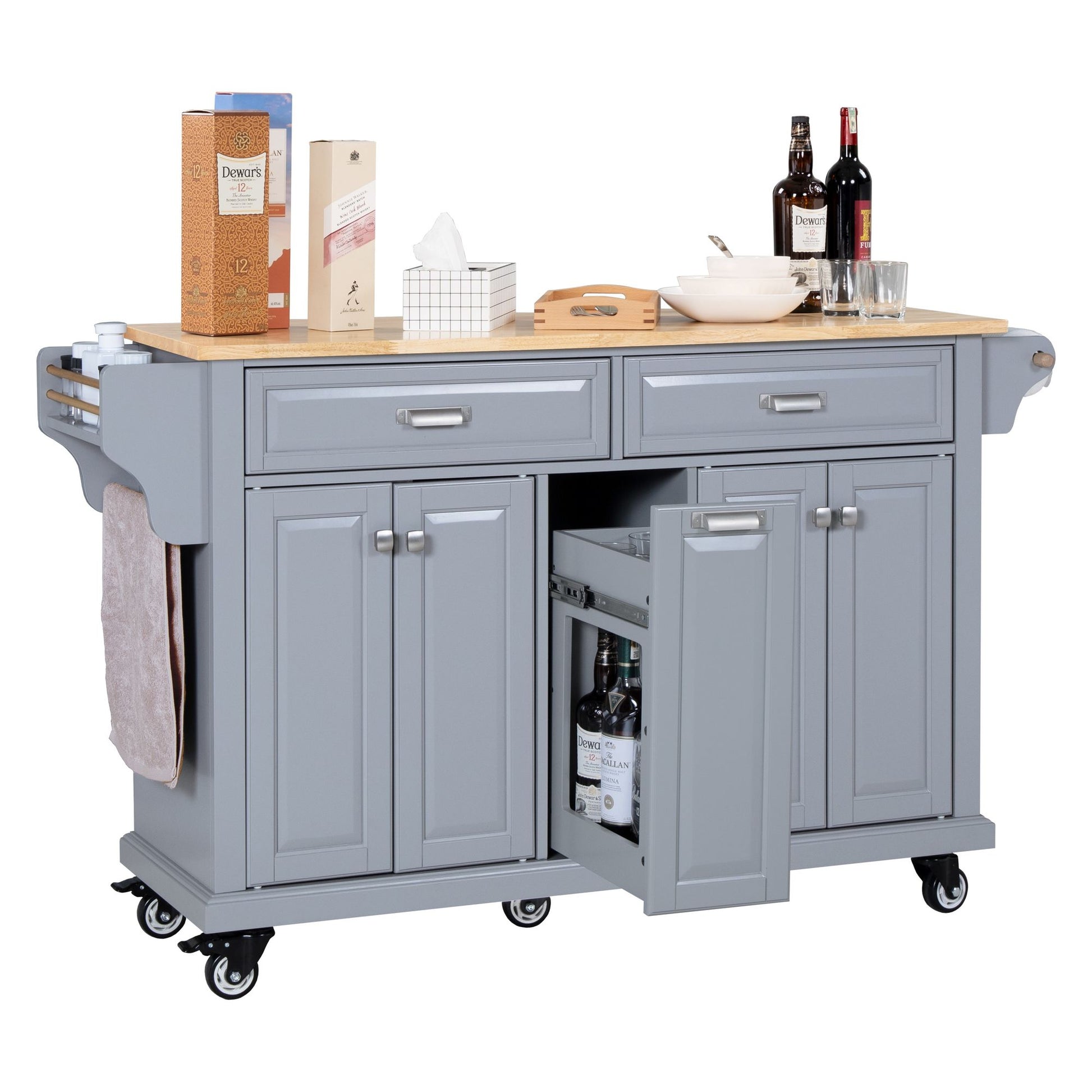 Kitchen Island with Rubber wood Countertop, Kitchen Cart on 5 Wheels with Storage Cabinet and 2 Top Drawers and A center image 14