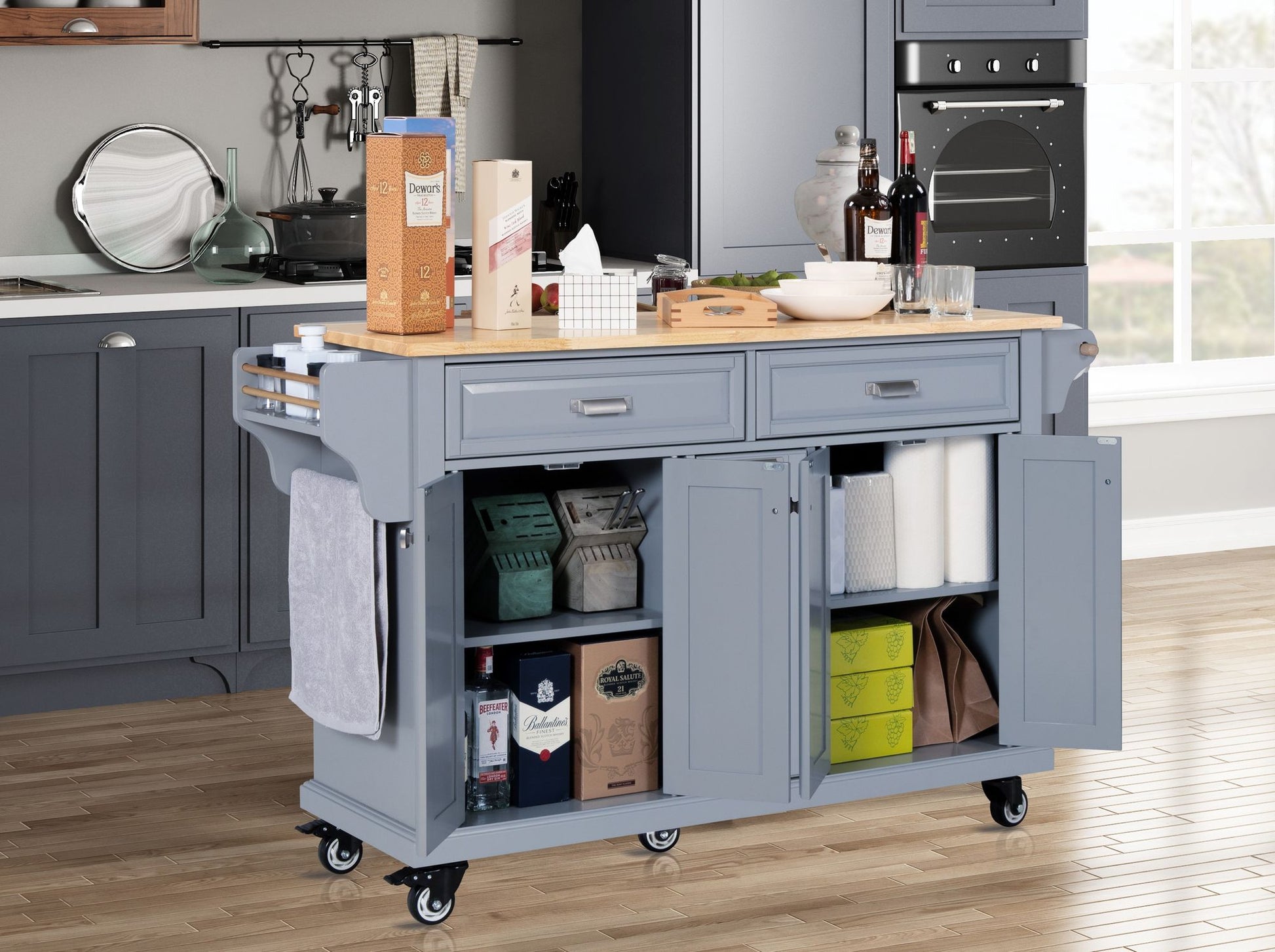 Kitchen Island with Rubber wood Countertop, Kitchen Cart on 5 Wheels with Storage Cabinet and 2 Top Drawers and A center image 12