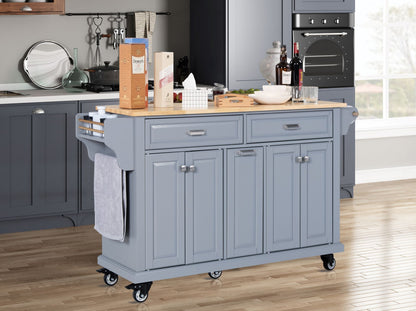 Kitchen Island with Rubber wood Countertop, Kitchen Cart on 5 Wheels with Storage Cabinet and 2 Top Drawers and A center image 1