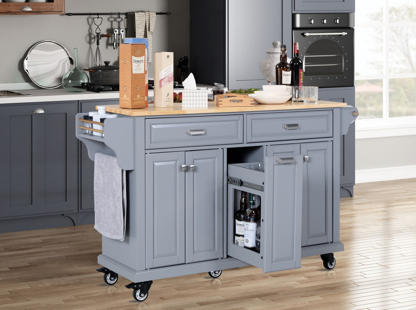 Kitchen Island with Rubber wood Countertop, Kitchen Cart on 5 Wheels with Storage Cabinet and 2 Top Drawers and A center image 13