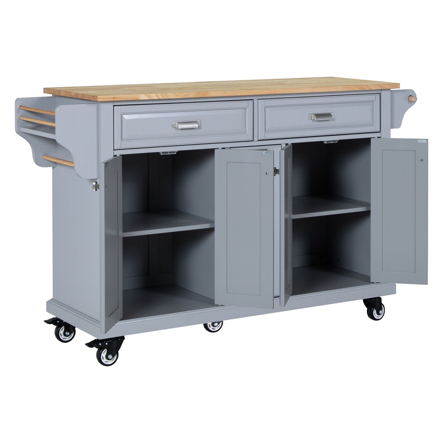 Kitchen Island with Rubber wood Countertop, Kitchen Cart on 5 Wheels with Storage Cabinet and 2 Top Drawers and A center image 6