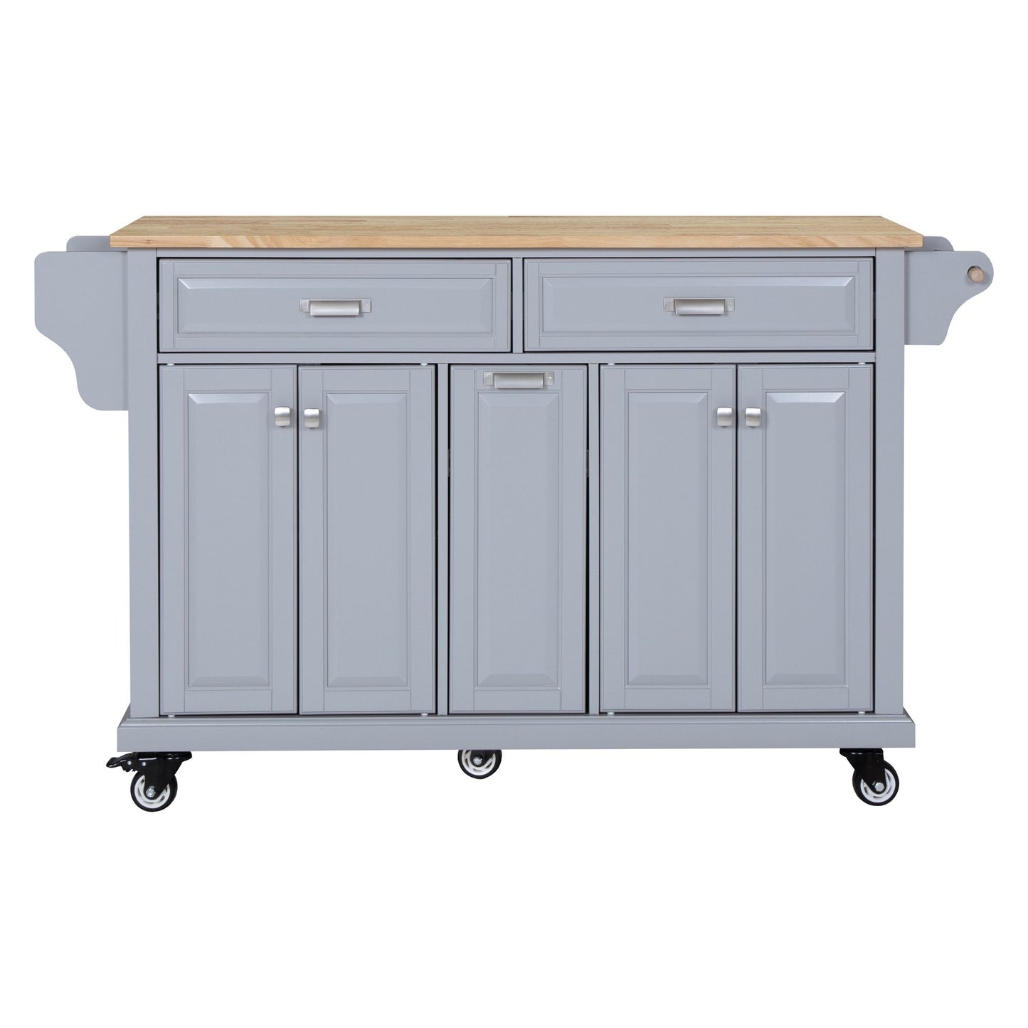 Kitchen Island with Rubber wood Countertop, Kitchen Cart on 5 Wheels with Storage Cabinet and 2 Top Drawers and A center image 5