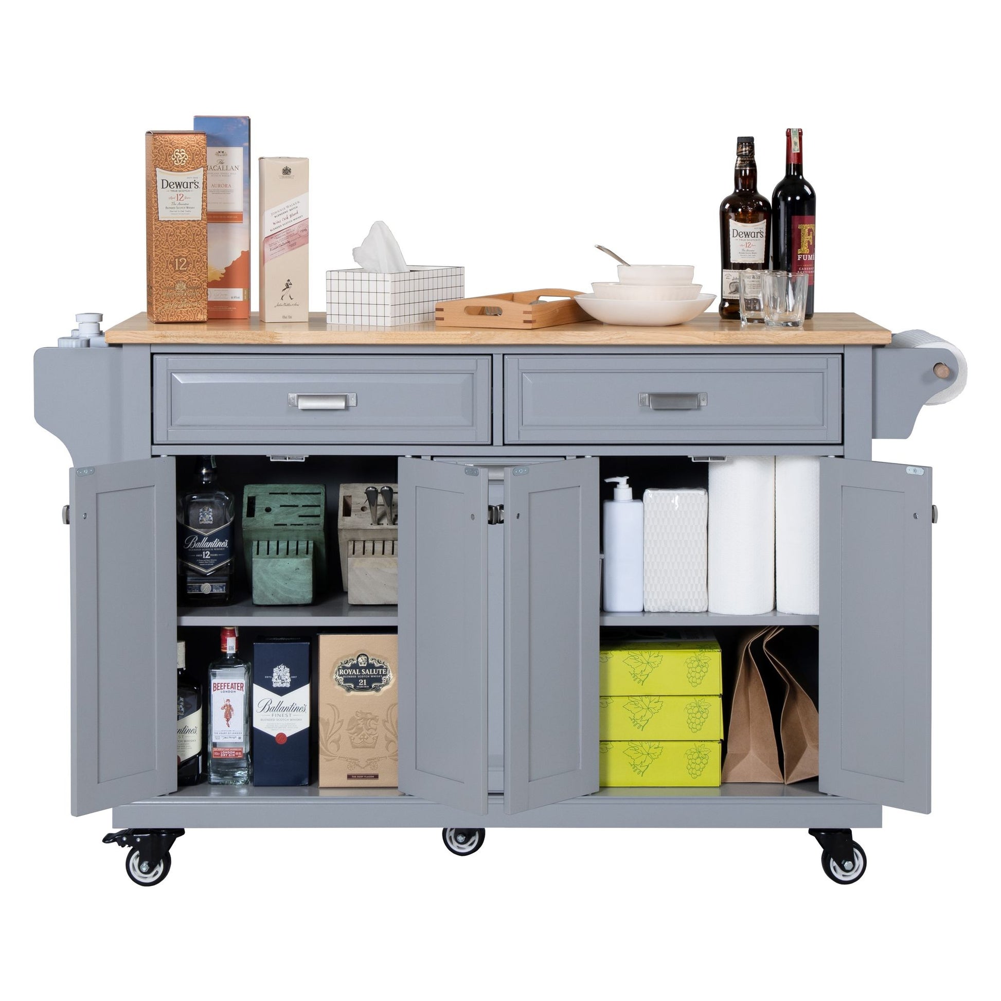 Kitchen Island with Rubber wood Countertop, Kitchen Cart on 5 Wheels with Storage Cabinet and 2 Top Drawers and A center image 10