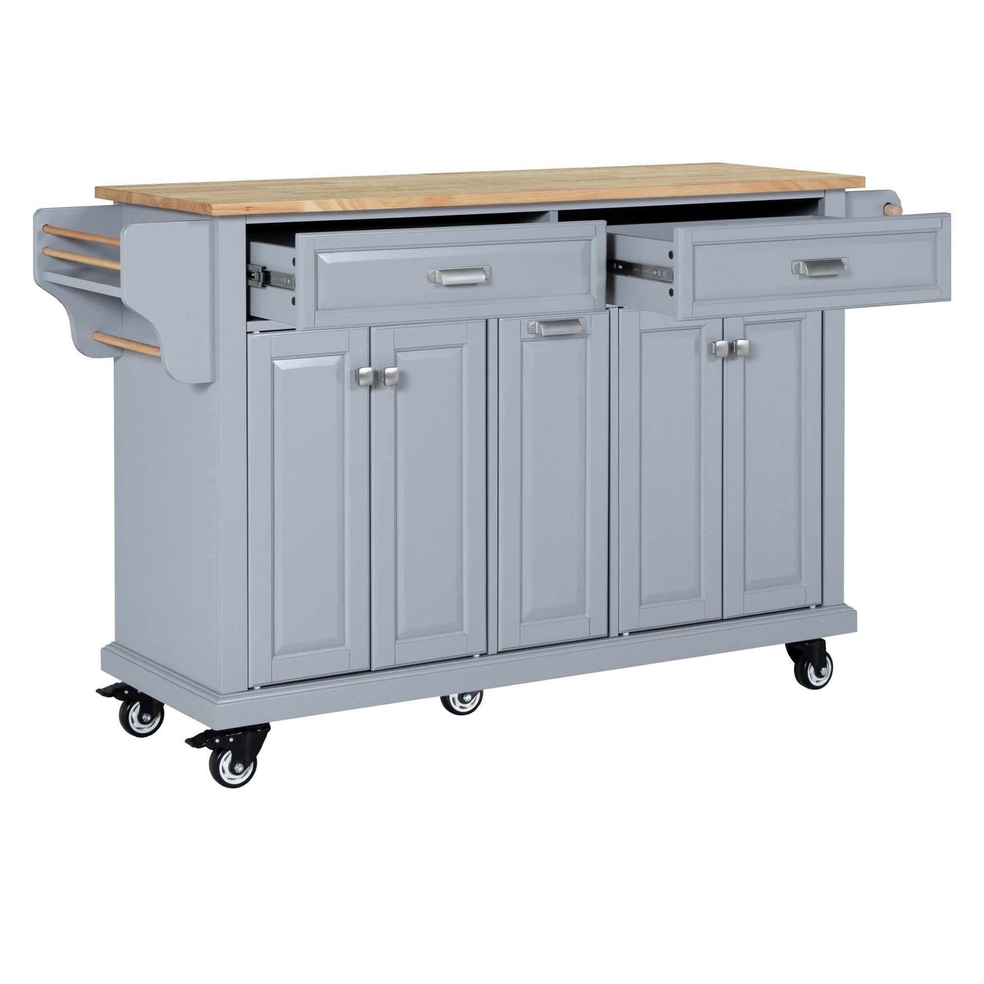 Kitchen Island with Rubber wood Countertop, Kitchen Cart on 5 Wheels with Storage Cabinet and 2 Top Drawers and A center image 7