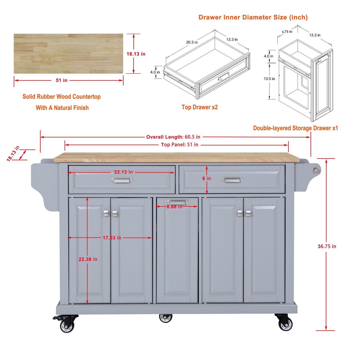Kitchen Island with Rubber wood Countertop, Kitchen Cart on 5 Wheels with Storage Cabinet and 2 Top Drawers and A center image 11