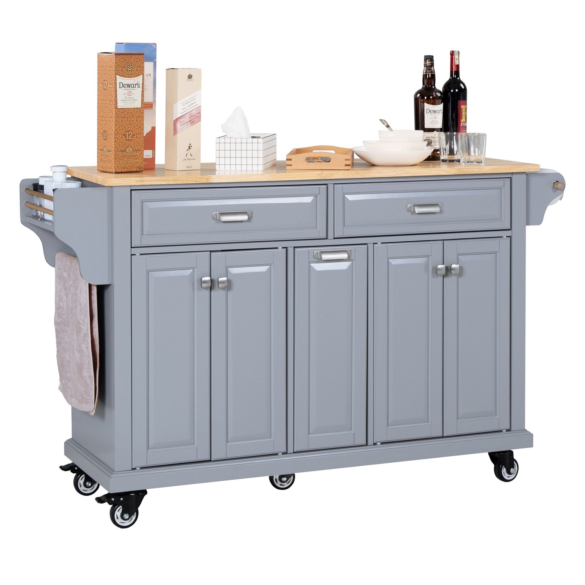 Kitchen Island with Rubber wood Countertop, Kitchen Cart on 5 Wheels with Storage Cabinet and 2 Top Drawers and A center image 9