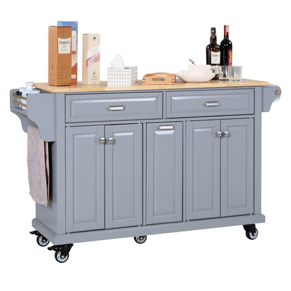 Kitchen Island with Rubber wood Countertop, Kitchen Cart on 5 Wheels with Storage Cabinet and 2 Top Drawers and A center image 9