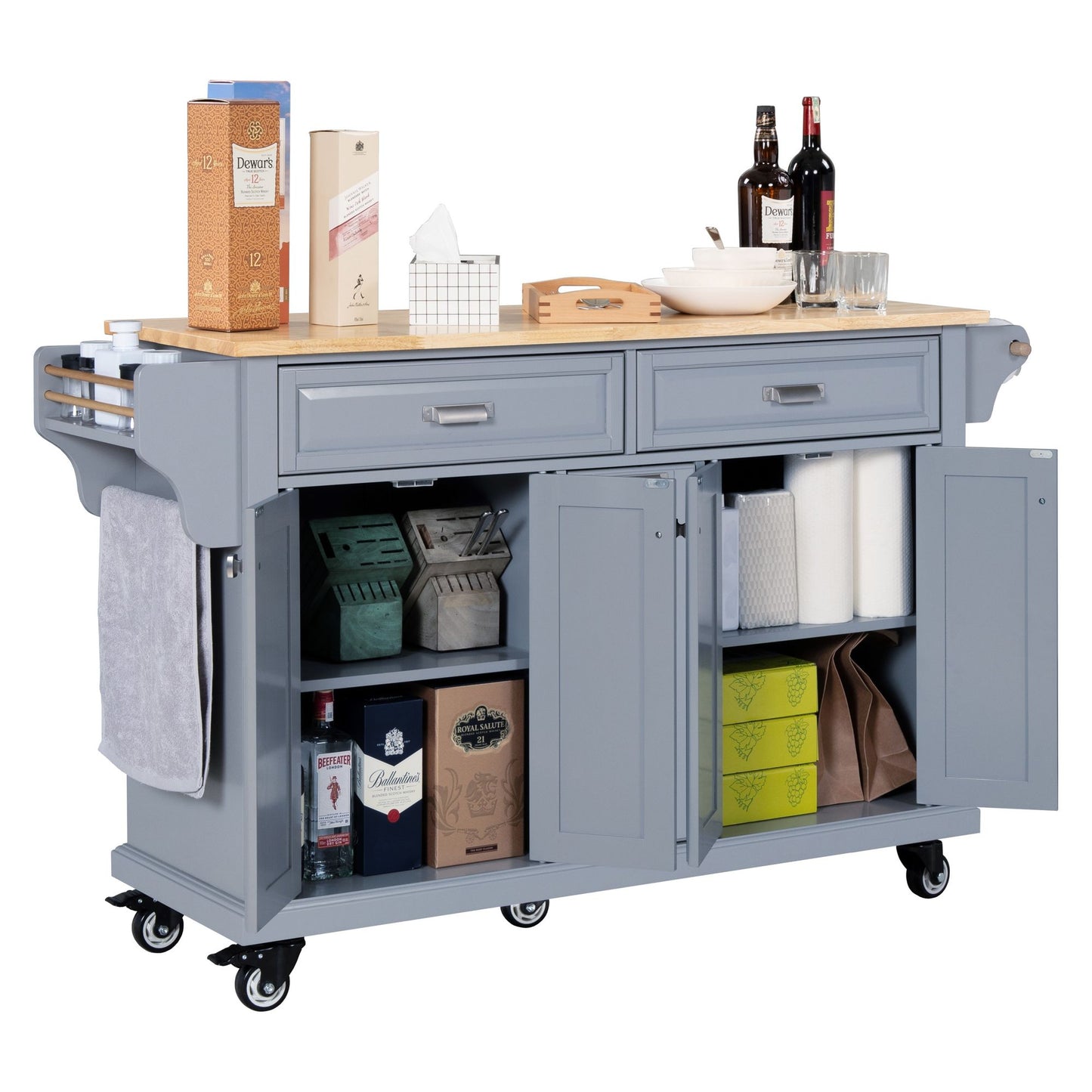 Kitchen Island with Rubber wood Countertop, Kitchen Cart on 5 Wheels with Storage Cabinet and 2 Top Drawers and A center image 8