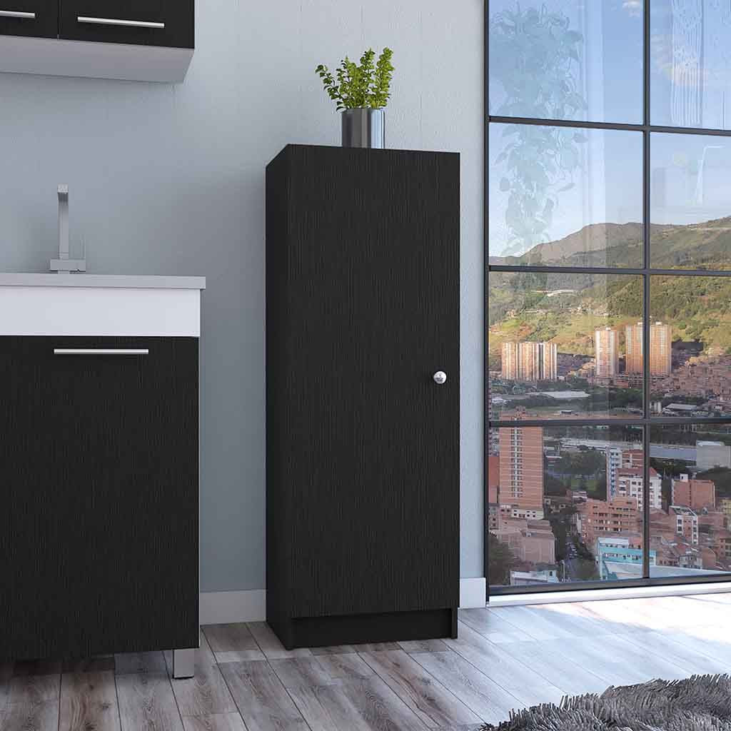 Kitchen Pantry 47" H, One Door Cabinet, Four Interior Shelves, Black image 1