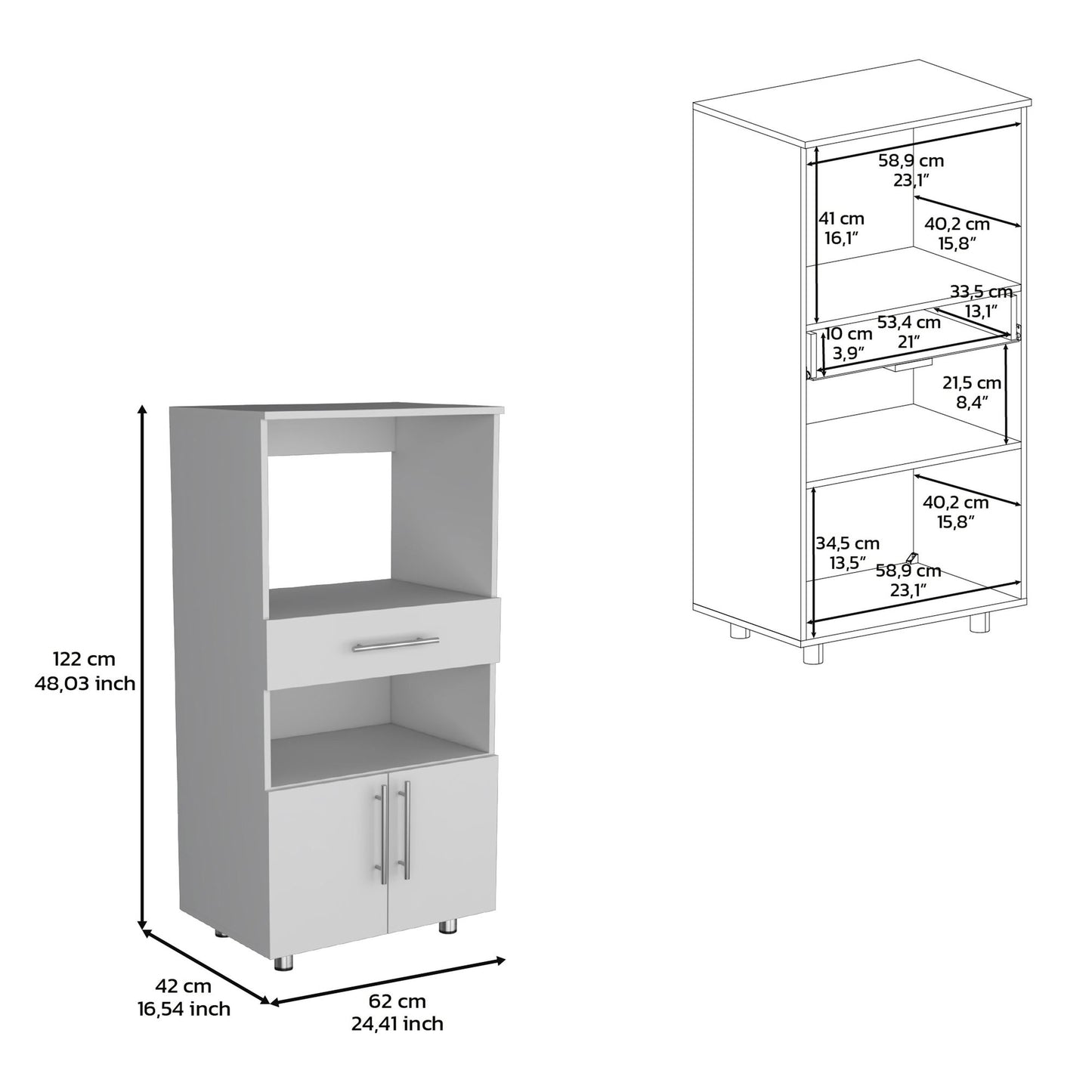 Kitchen Pantry 48" H, Two Open Storage Shelves, One for Microwave, Two Doors, Four Legs, White image 7