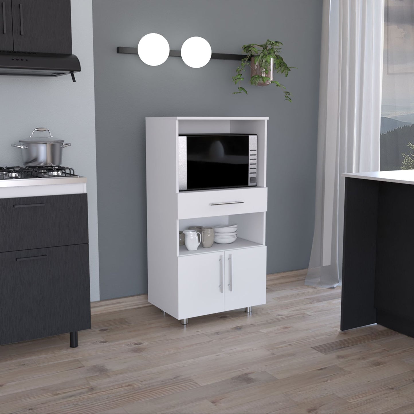 Kitchen Pantry 48" H, Two Open Storage Shelves, One for Microwave, Two Doors, Four Legs, White image 1