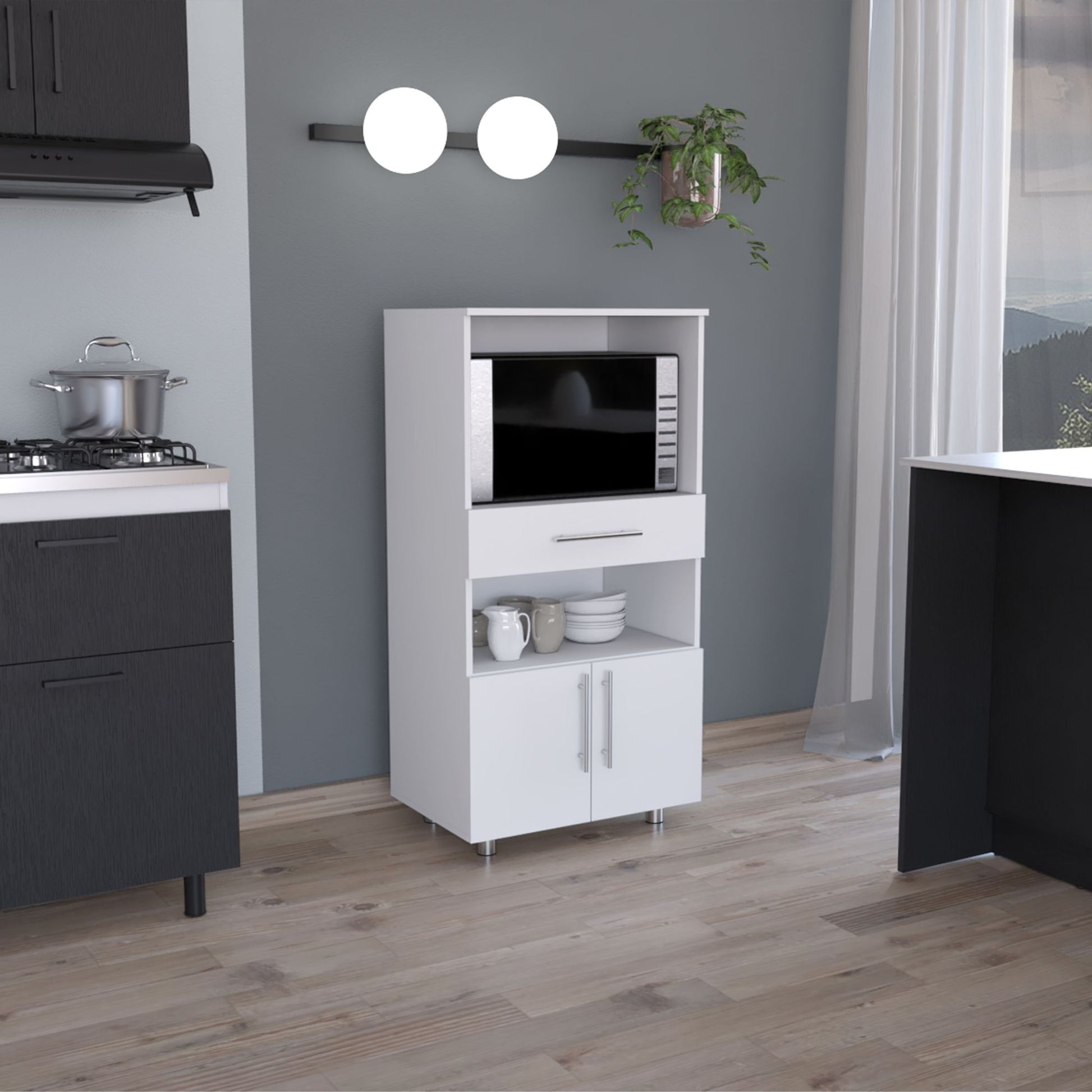 Kitchen Pantry 48" H, Two Open Storage Shelves, One for Microwave, Two Doors, Four Legs, White image 1