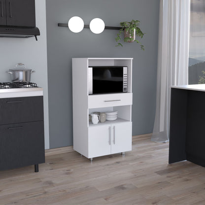 Kitchen Pantry 48" H, Two Open Storage Shelves, One for Microwave, Two Doors, Four Legs, White image 1