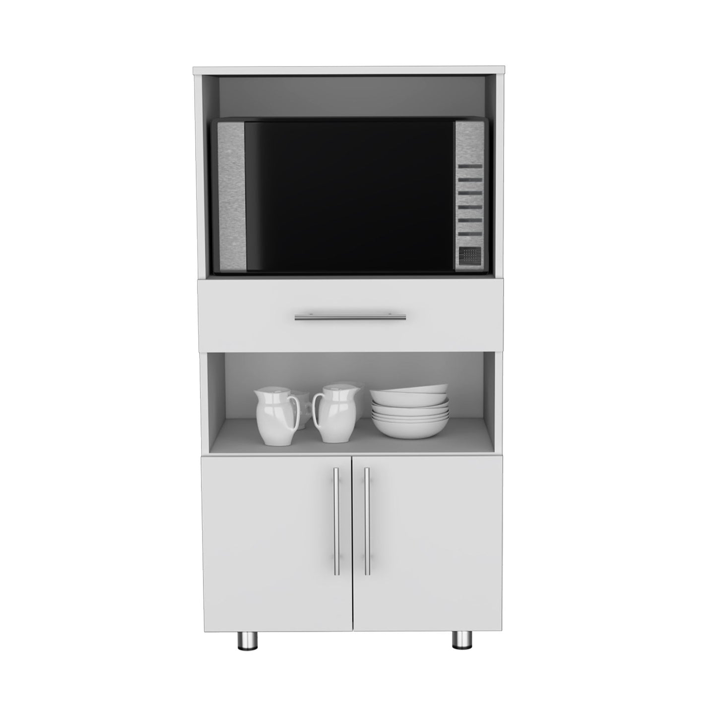 Kitchen Pantry 48" H, Two Open Storage Shelves, One for Microwave, Two Doors, Four Legs, White image 6