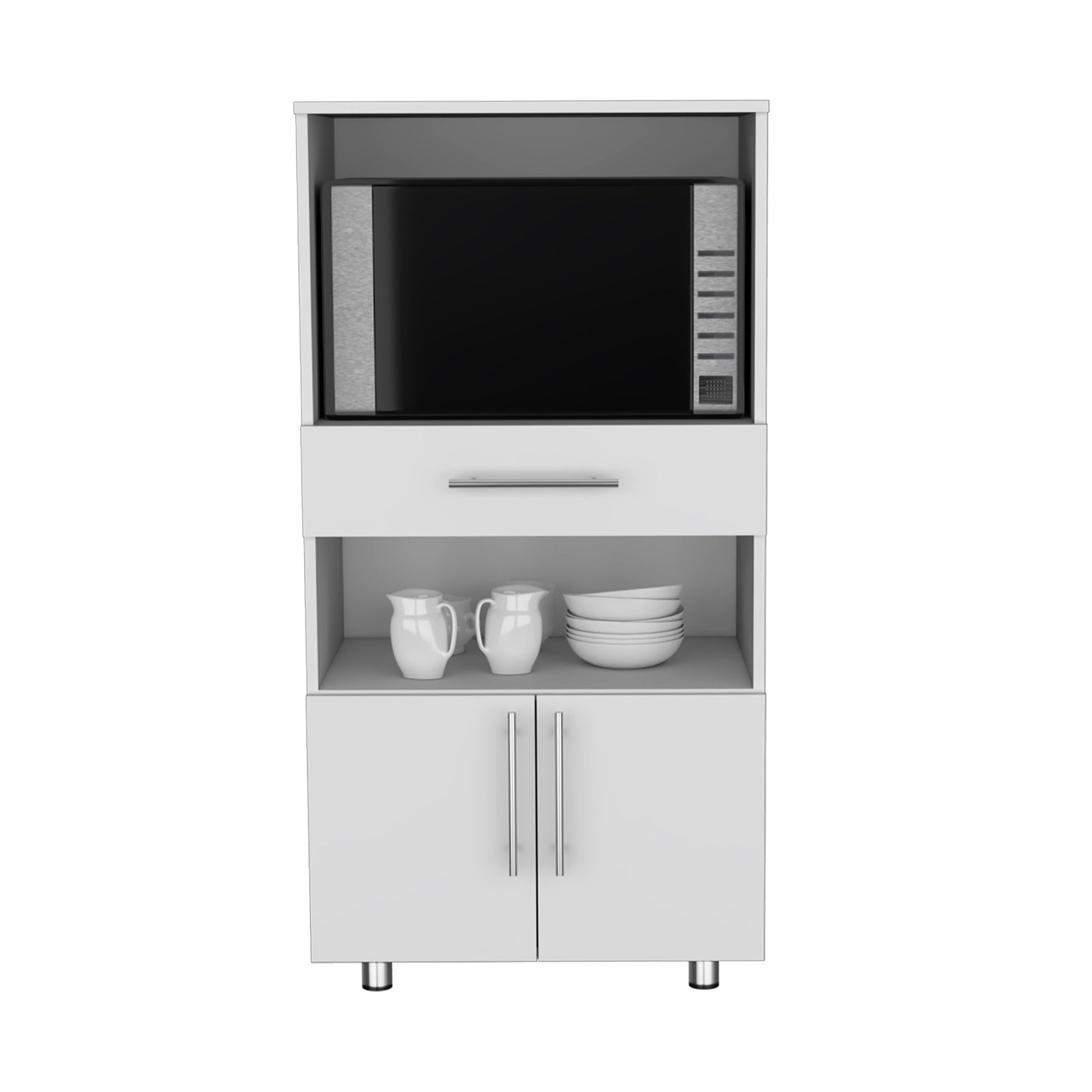 Kitchen Pantry 48" H, Two Open Storage Shelves, One for Microwave, Two Doors, Four Legs, White image 6