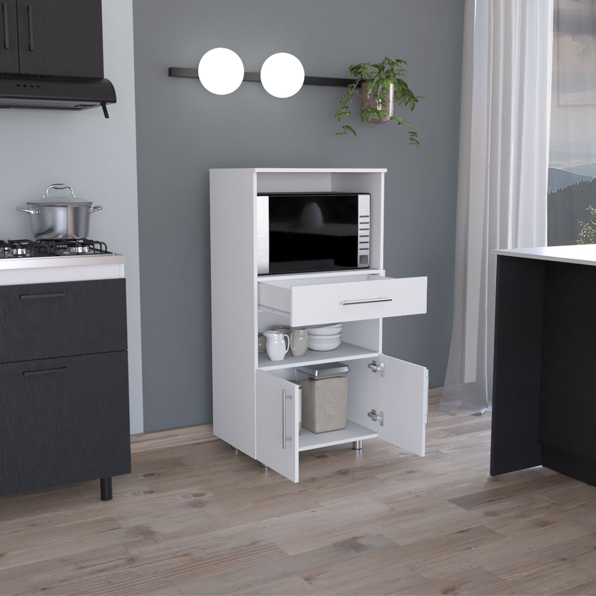 Kitchen Pantry 48" H, Two Open Storage Shelves, One for Microwave, Two Doors, Four Legs, White image 3