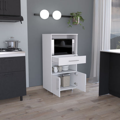 Kitchen Pantry 48" H, Two Open Storage Shelves, One for Microwave, Two Doors, Four Legs, White image 3