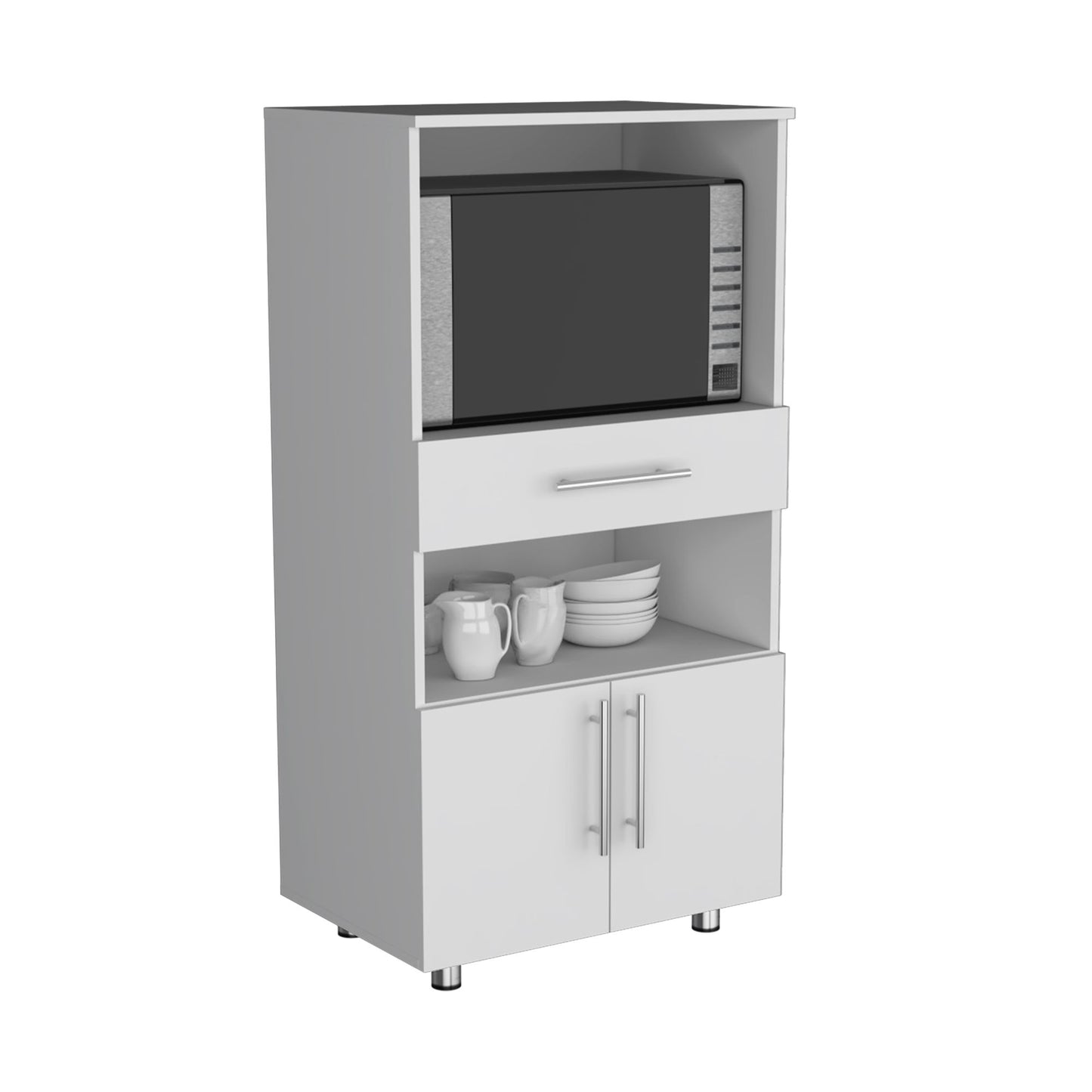 Kitchen Pantry 48" H, Two Open Storage Shelves, One for Microwave, Two Doors, Four Legs, White image 5